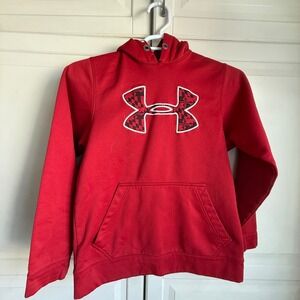 Under Armour Womens Small Red Logo Fleece Pullover Hoodie Loose